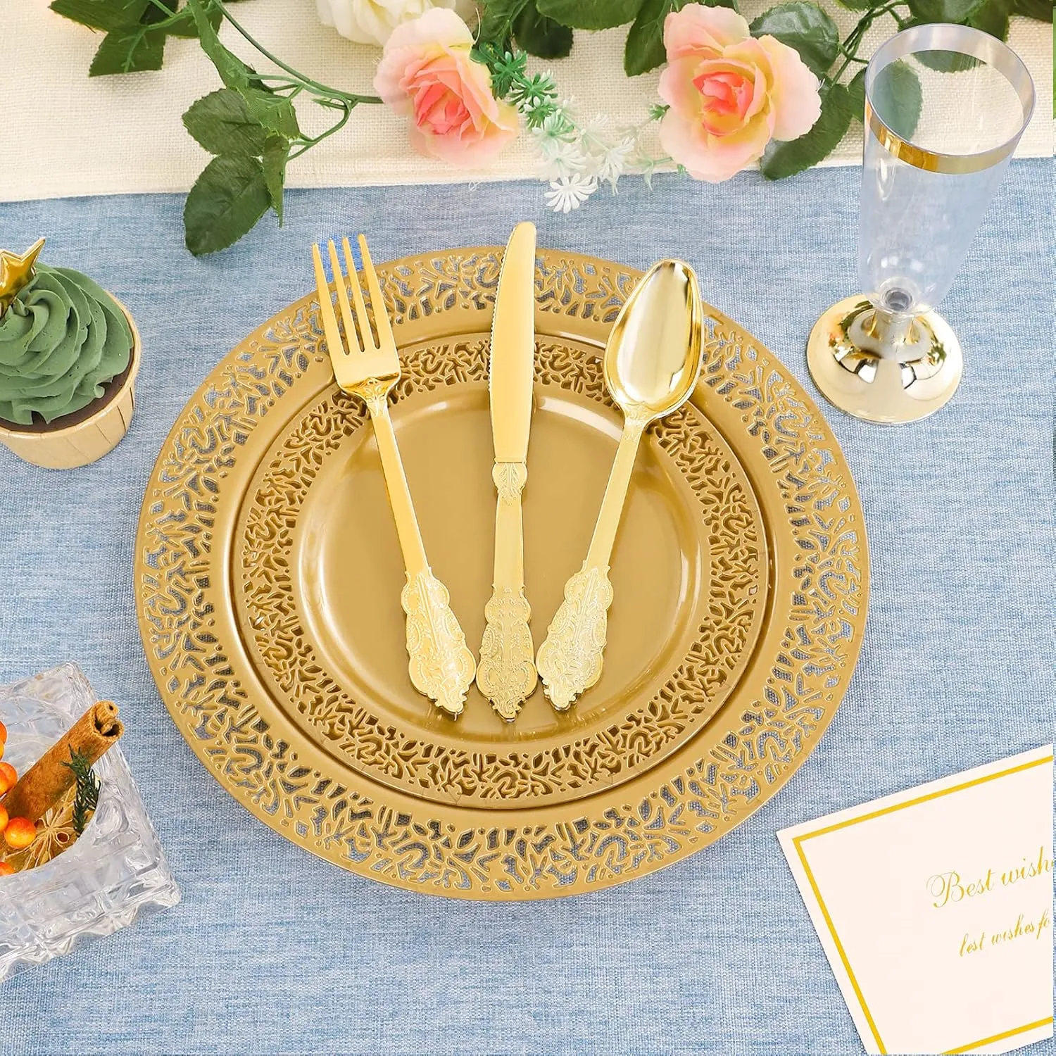 DaYammi 210PCS Solid Gold Disposable Plates with Gold Plastic Silverware and Cups for Party, Plastic Plates Include: 30 Dinner Plates 30 Dessert Platos 30 Rolled Napkins with Cutlery 30 Cups
