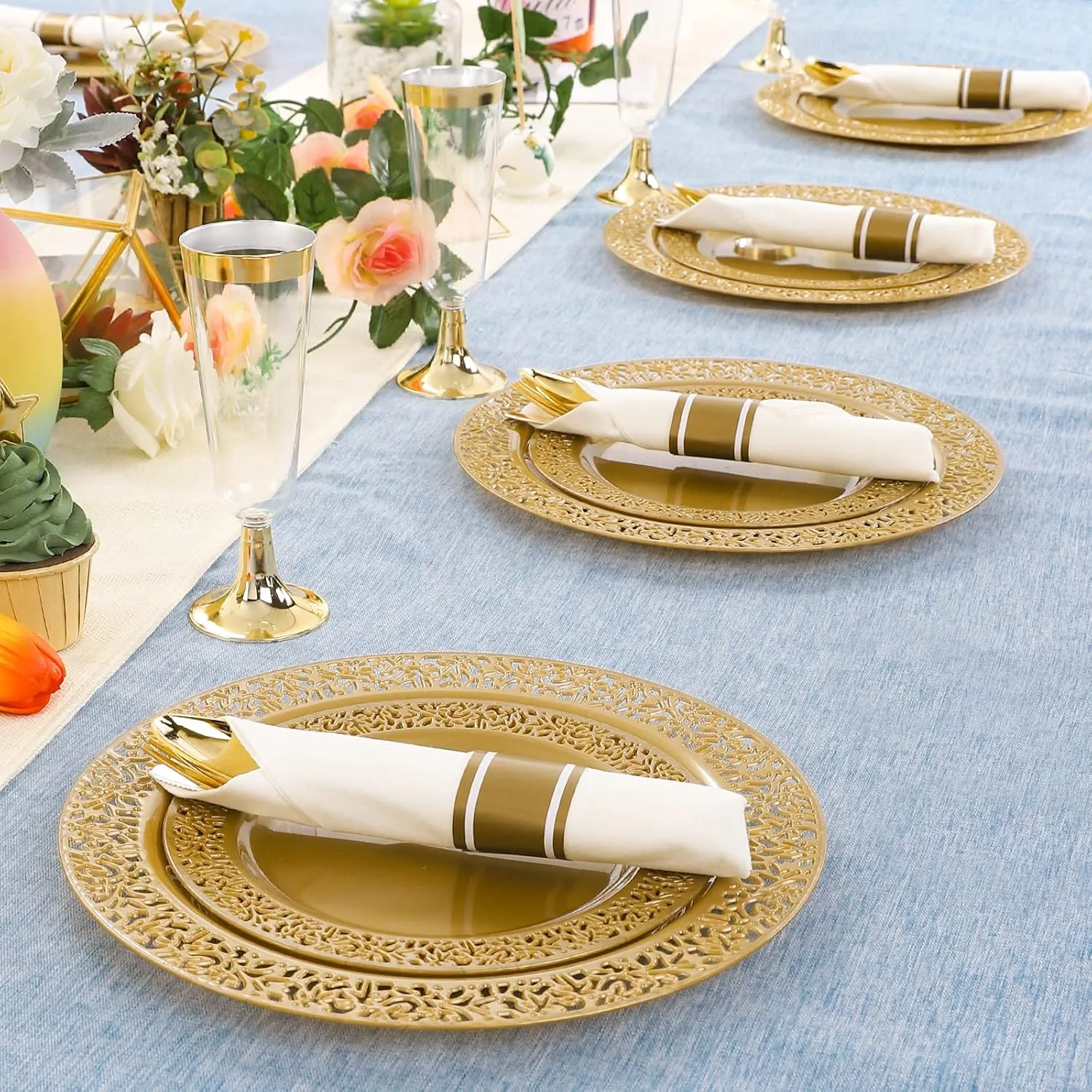 DaYammi 210PCS Solid Gold Disposable Plates with Gold Plastic Silverware and Cups for Party, Plastic Plates Include: 30 Dinner Plates 30 Dessert Platos 30 Rolled Napkins with Cutlery 30 Cups