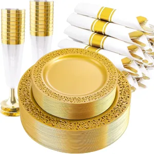 DaYammi 210PCS Solid Gold Disposable Plates with Gold Plastic Silverware and Cups for Party, Plastic Plates Include: 30 Dinner Plates 30 Dessert Platos 30 Rolled Napkins with Cutlery 30 Cups