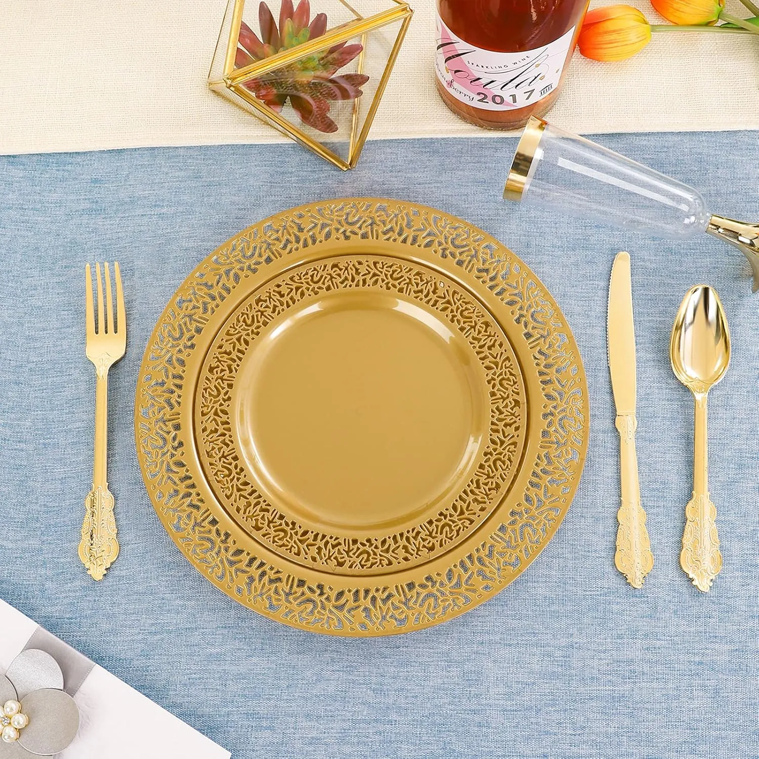 DaYammi 210PCS Solid Gold Disposable Plates with Gold Plastic Silverware and Cups for Party, Plastic Plates Include: 30 Dinner Plates 30 Dessert Platos 30 Rolled Napkins with Cutlery 30 Cups