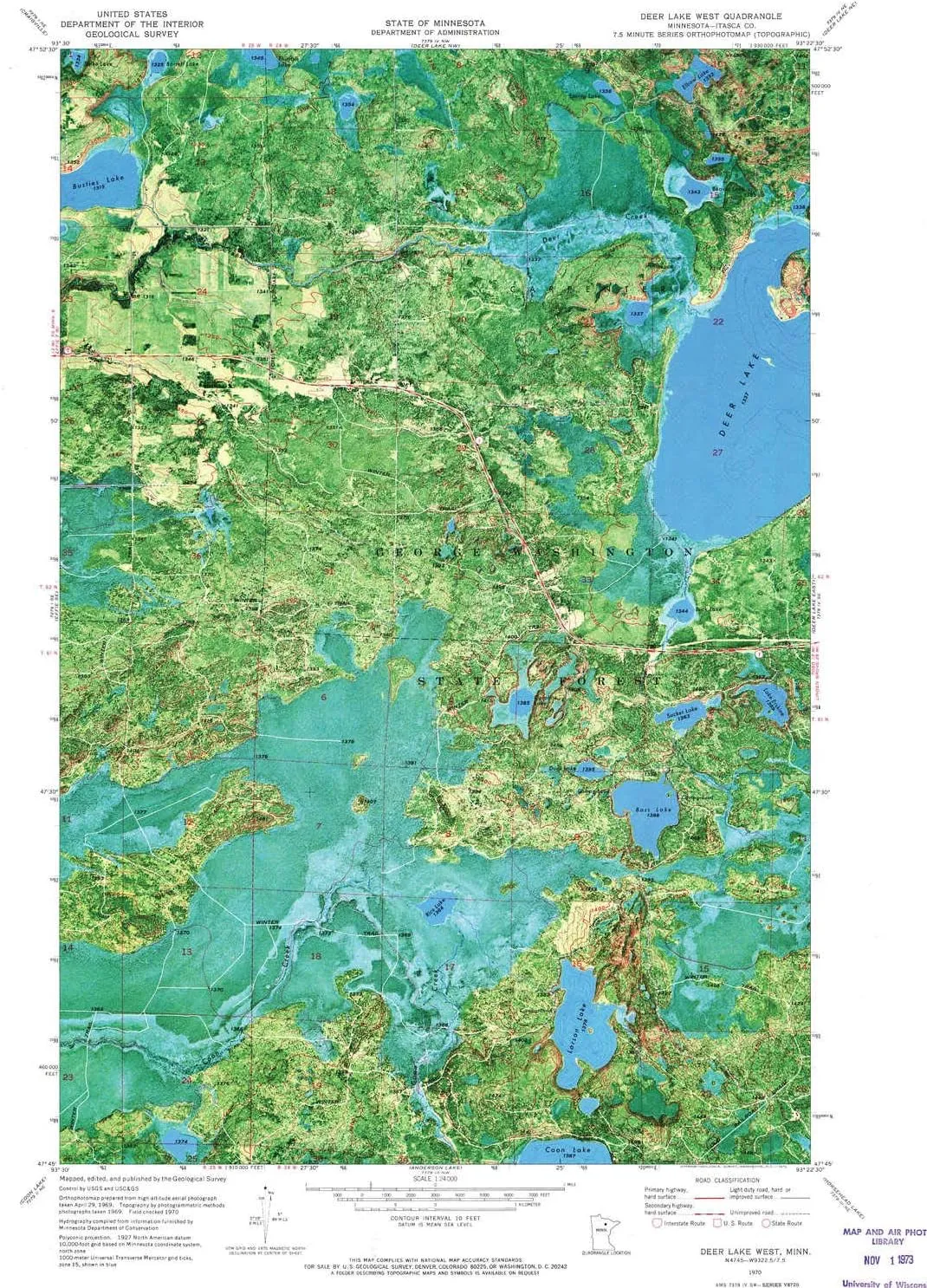 Deer Lake West MN topo map, 1:24000 Scale, 7.5 X 7.5 Minute, Historical, 1970, Updated 1973, 27.23 x 21.53 in