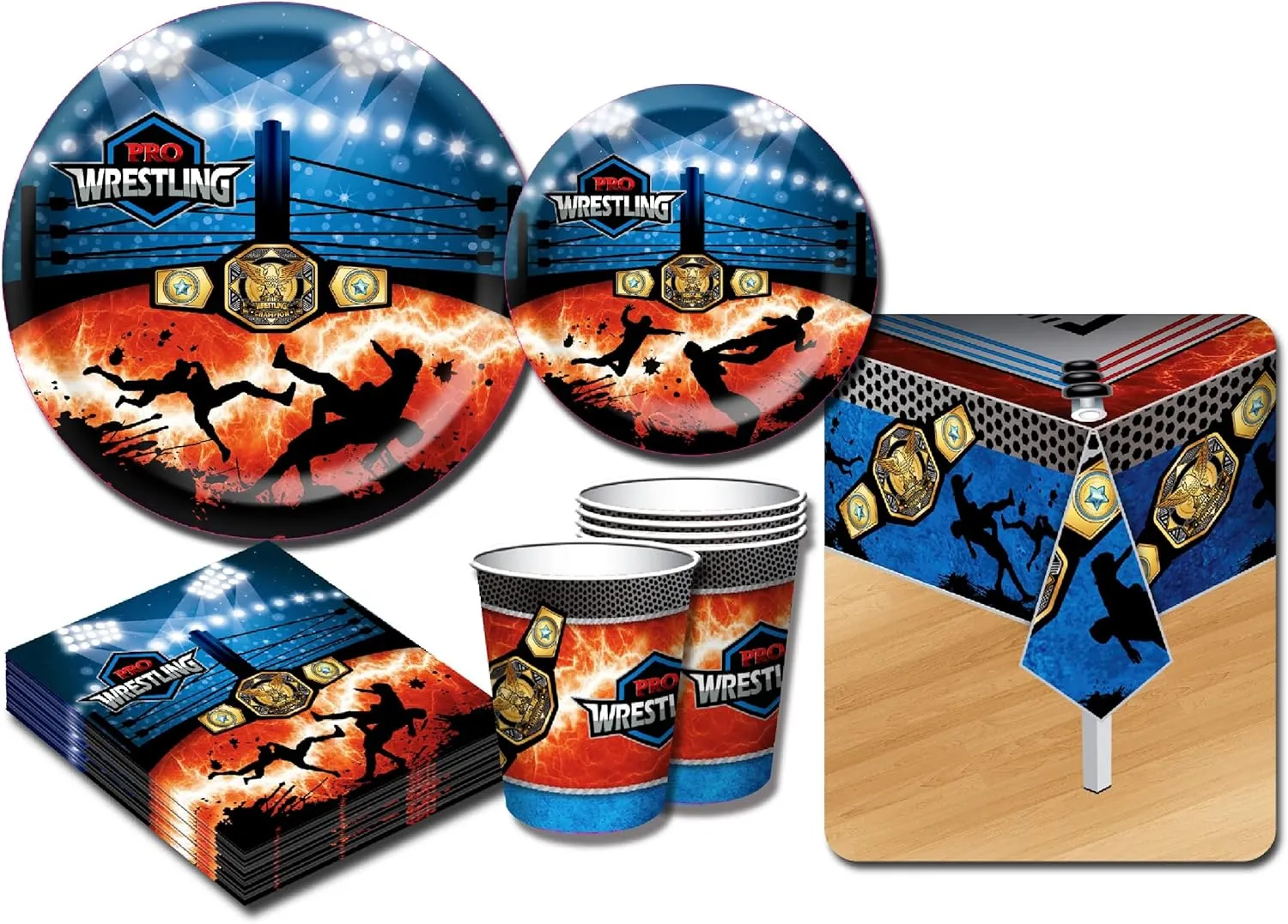 Deluxe Wrestling Theme Party Supplies Set for 20 People, Includes 20 Large Plates, 20 Small Plates, 20 Napkins, 20 Cups & 2 Table Covers - Perfect for the Match or Birthday (82 Pieces Total)