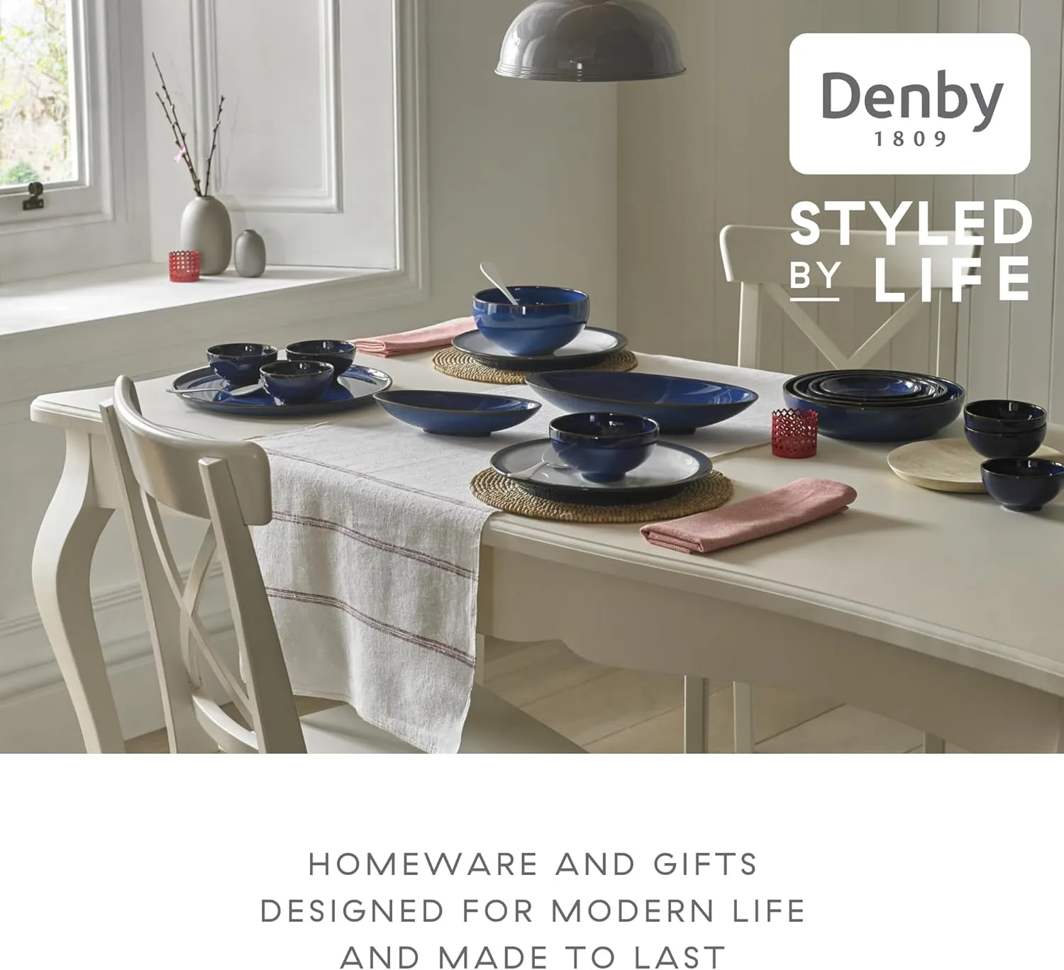 Denby - Imperial Blue Dinner Set For 4-16 Piece Ceramic Tableware Set Blue, White - Dishwasher Microwave Safe Crockery Set - 4 x Dinner Plate, 4 x Small Plate, 4 x Cereal Bowl, 4 x Coffee Mug