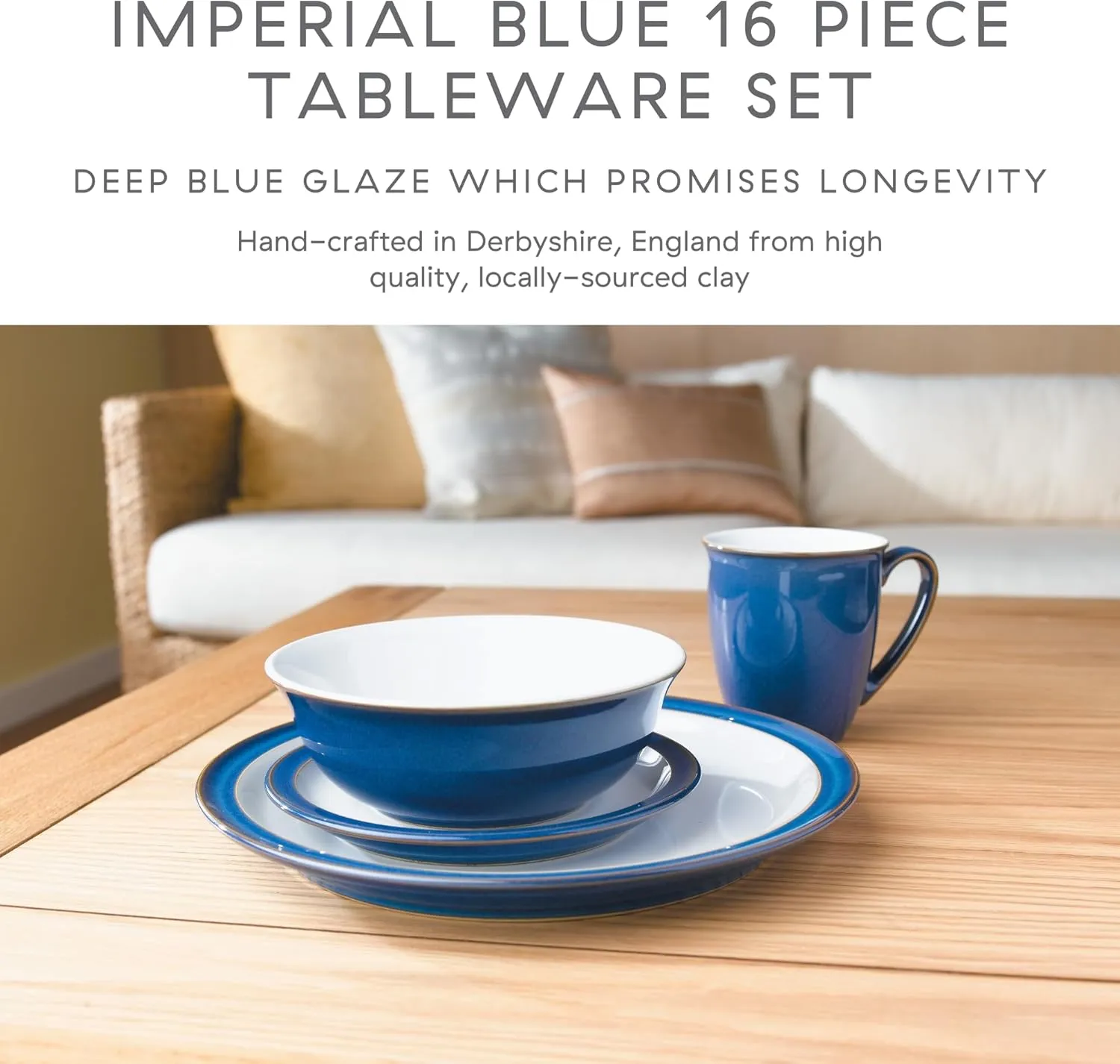 Denby - Imperial Blue Dinner Set For 4-16 Piece Ceramic Tableware Set Blue, White - Dishwasher Microwave Safe Crockery Set - 4 x Dinner Plate, 4 x Small Plate, 4 x Cereal Bowl, 4 x Coffee Mug