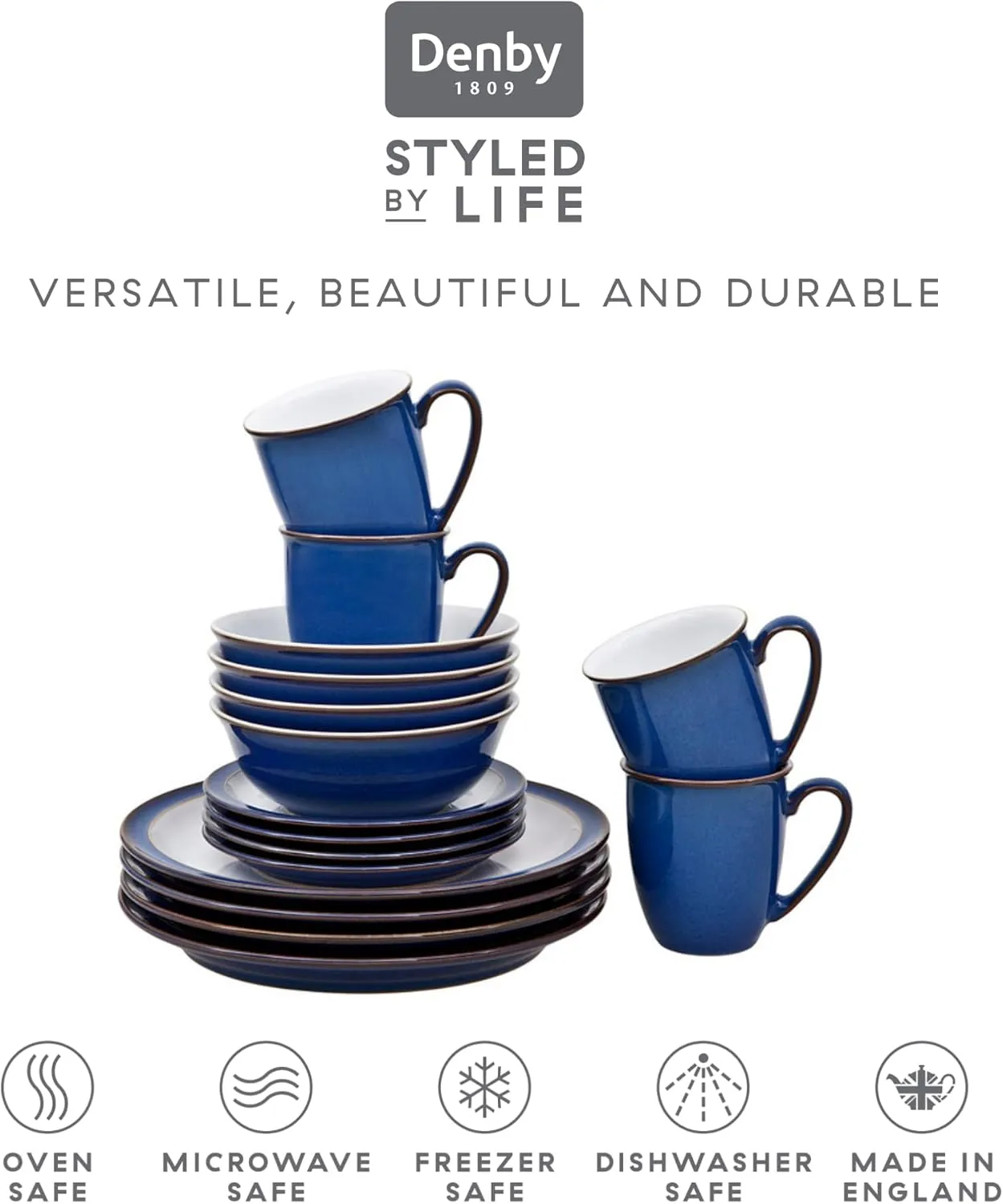 Denby - Imperial Blue Dinner Set For 4-16 Piece Ceramic Tableware Set Blue, White - Dishwasher Microwave Safe Crockery Set - 4 x Dinner Plate, 4 x Small Plate, 4 x Cereal Bowl, 4 x Coffee Mug