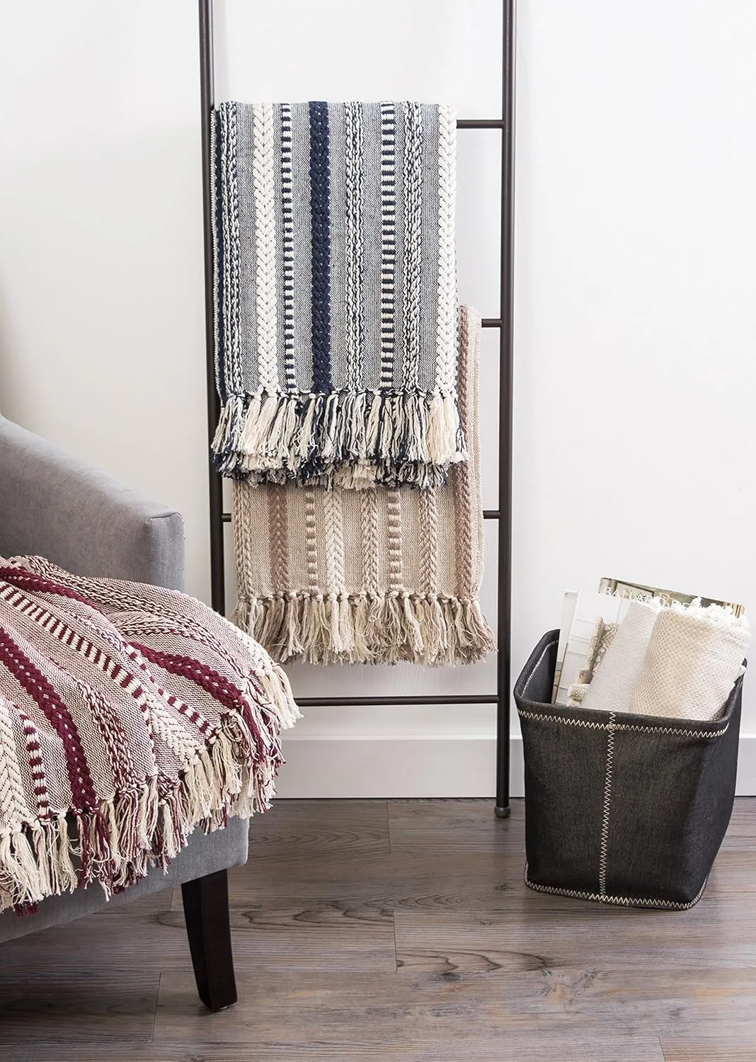 DII Braided Striped Decorative Throw Blanket, 50x60, Navy