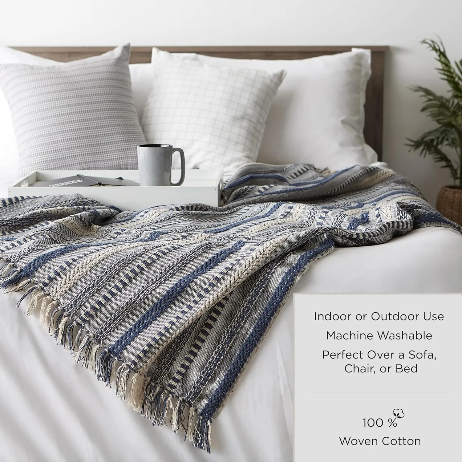 DII Modern Zig Zag Throw Blanket Woven Cotton, Hand-Knotted 2.5" Fringe, 50x60, Natural