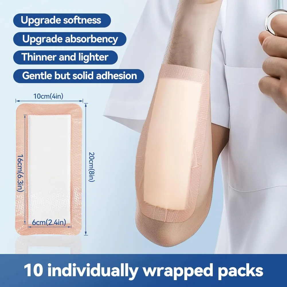 Dimora Silicone Ultra Absorbent Dressing Pads - Adhesive Wound Bandage with Gentle Border, Waterproof Soft Gauze for Post Surgical and Bed Sore Exudate Management 4"X 8" 10 Packs