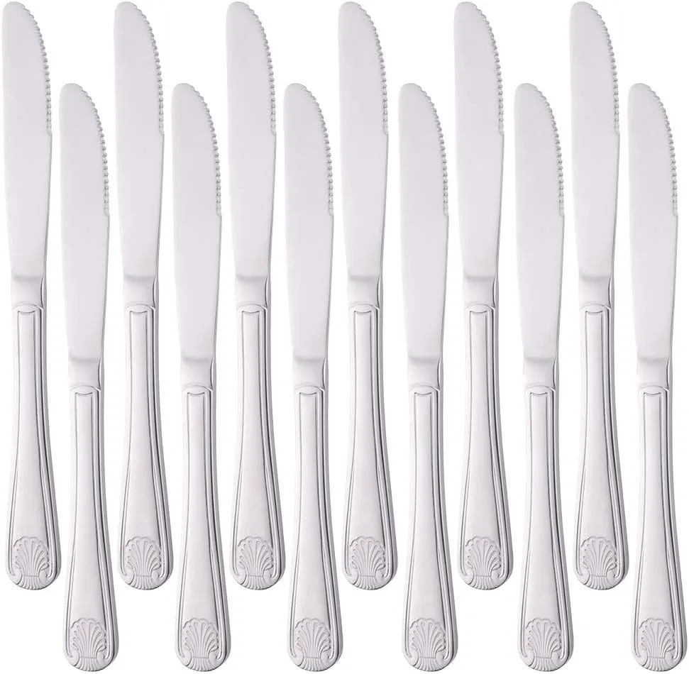 Dinner Knives Shell Pattern Table Knife 8.94 Inch Stainless Steel Flatware Set for Restaurant/Catering, BUY&USE Commercial Quality Silverware Pack of 12