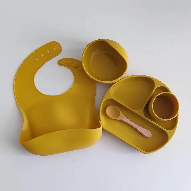 Dinner Plate Bib Silicone Bowl Spoon Complementary Baby Tableware Set