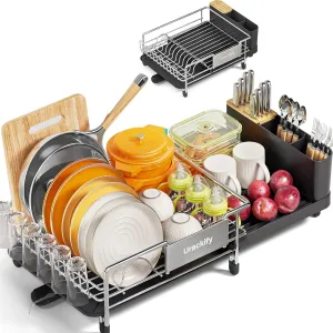 Dish Drying Rack, Expandable Stainless Steel Dish Rack with Drainboard Set Kitchen Sink Organizer for Counter, Large Capacity Kitchen Accessories, Smooth Water Flow
