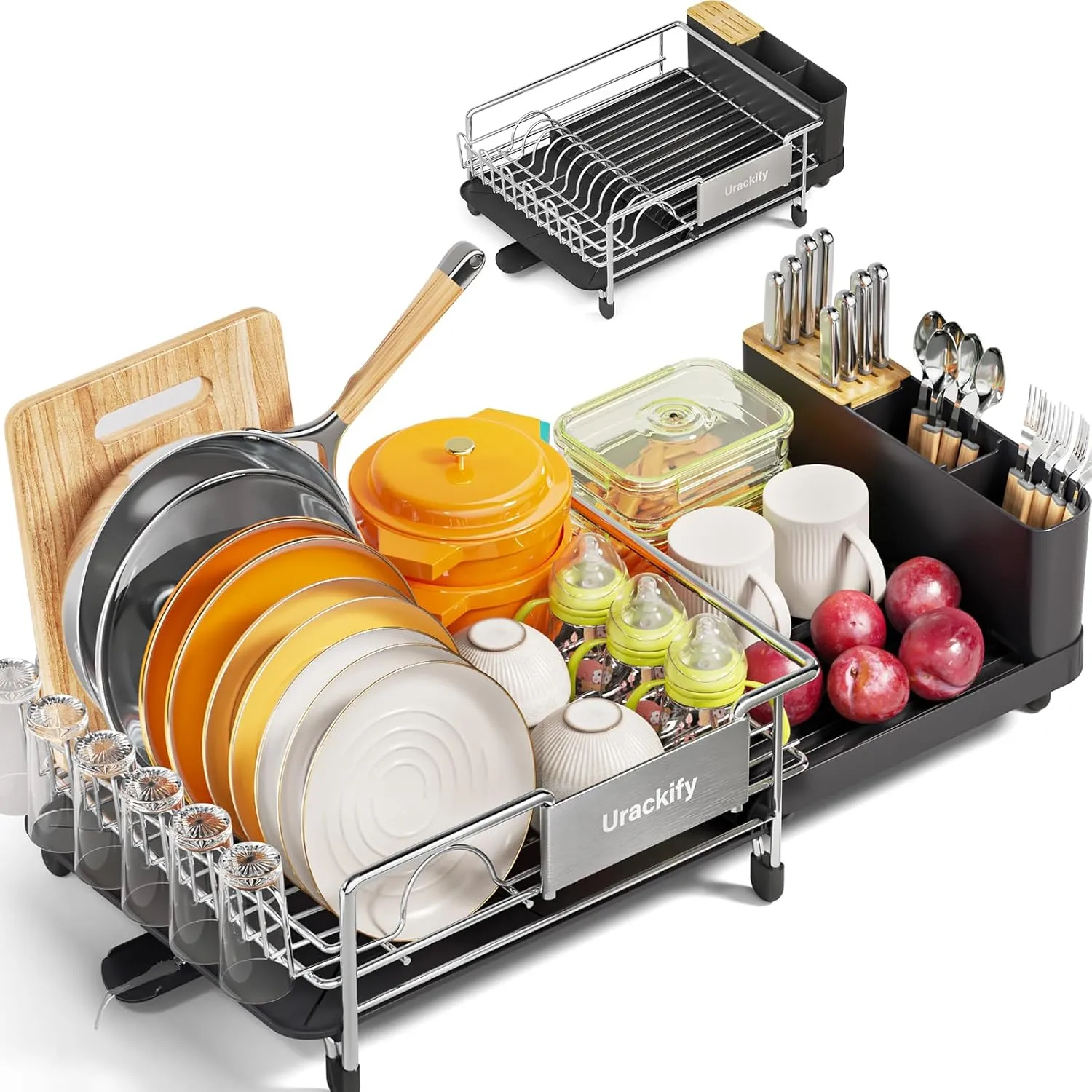 Dish Drying Rack, Expandable Stainless Steel Dish Rack with Drainboard Set Kitchen Sink Organizer for Counter, Large Capacity Kitchen Accessories, Smooth Water Flow