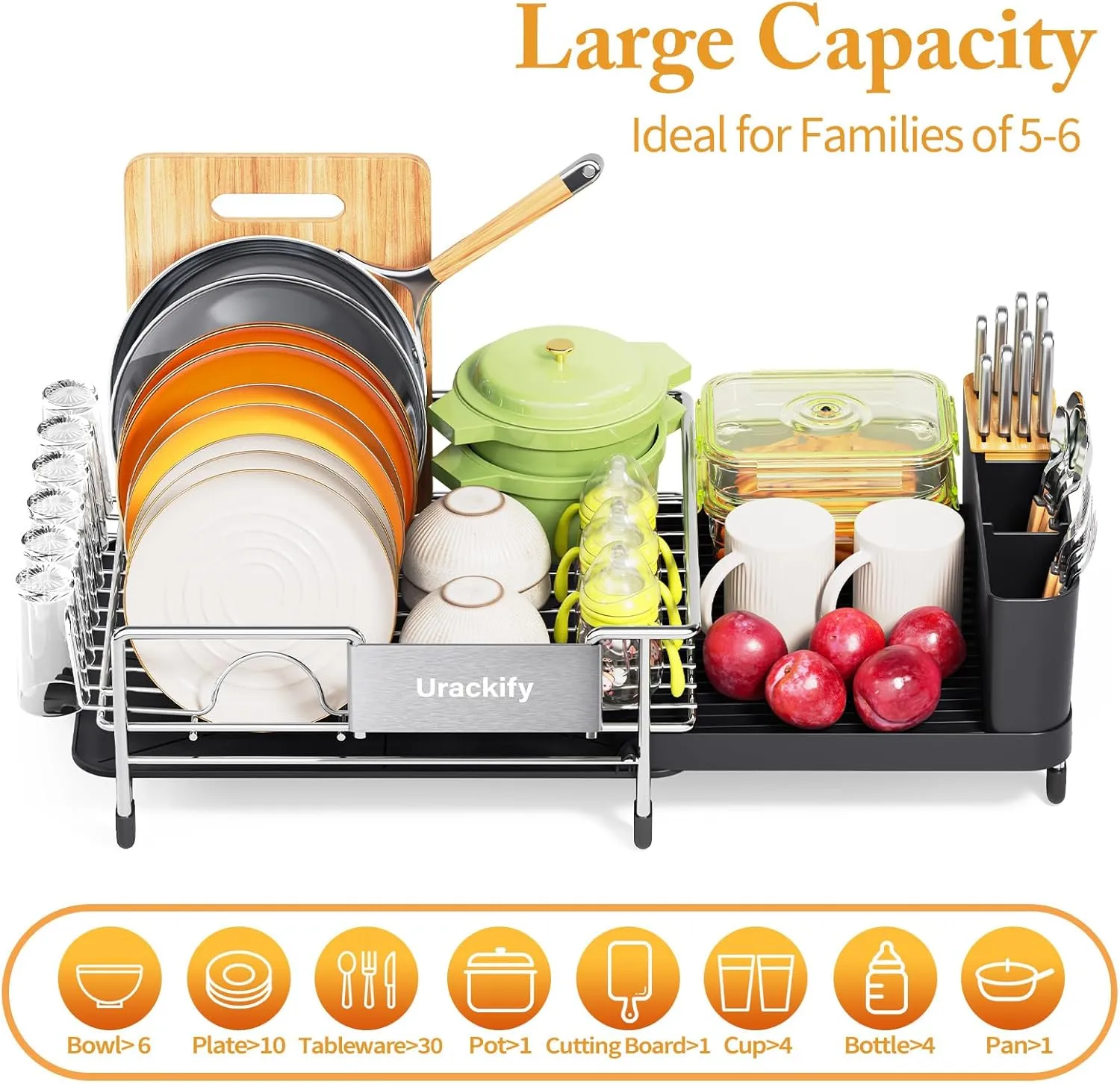 Dish Drying Rack, Expandable Stainless Steel Dish Rack with Drainboard Set Kitchen Sink Organizer for Counter, Large Capacity Kitchen Accessories, Smooth Water Flow