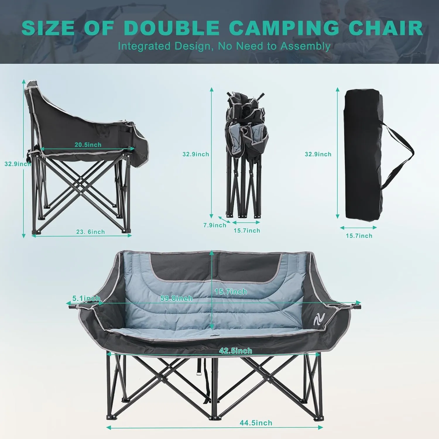 DoCred Double Camping Chair - Oversized Loveseat, 2 Person Camping Chair for Adults Heavy Duty,Two Person Folding Chair with Cup Holder, Supports up to 600 LBS for Outside Picnic Beach Travel