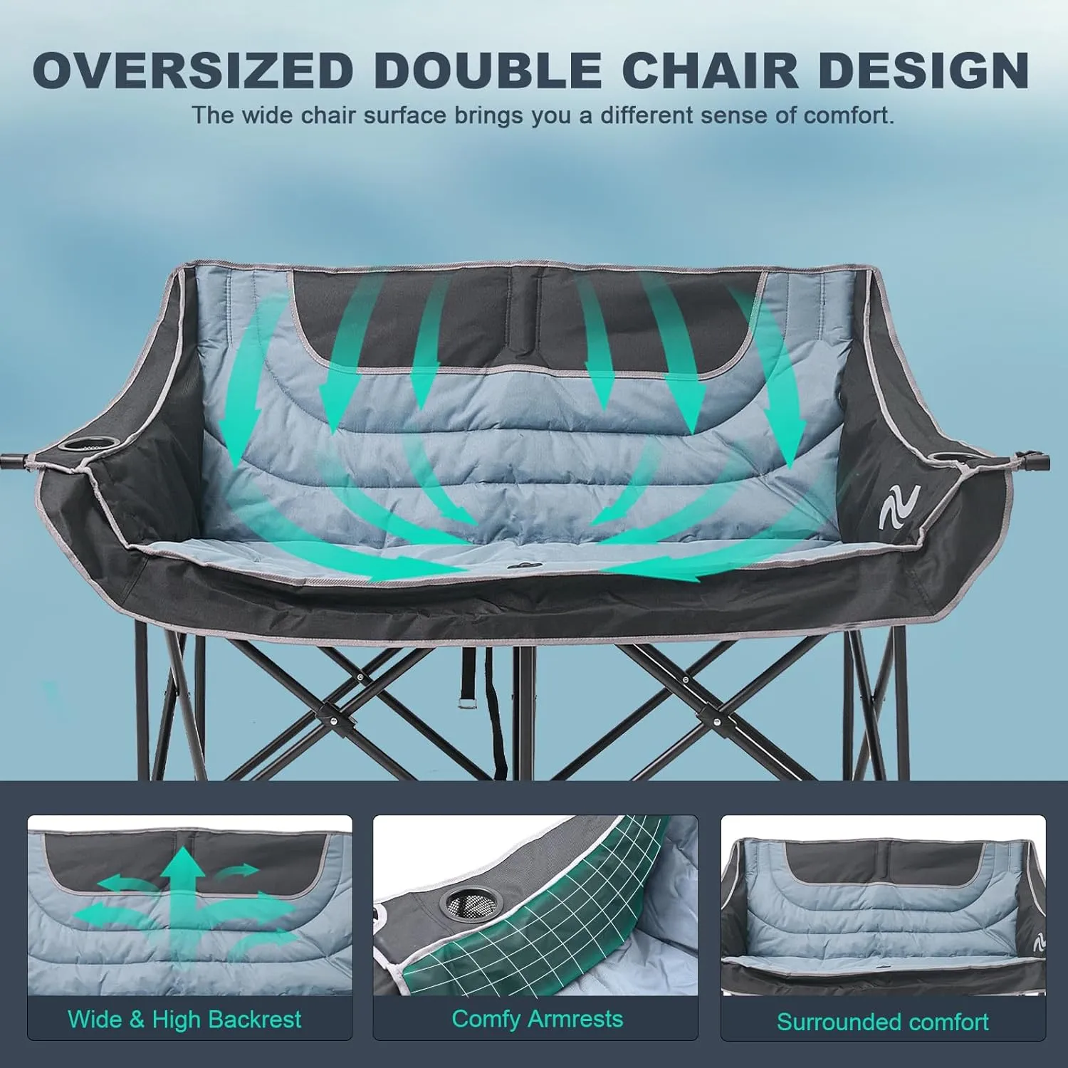 DoCred Double Camping Chair - Oversized Loveseat, 2 Person Camping Chair for Adults Heavy Duty,Two Person Folding Chair with Cup Holder, Supports up to 600 LBS for Outside Picnic Beach Travel