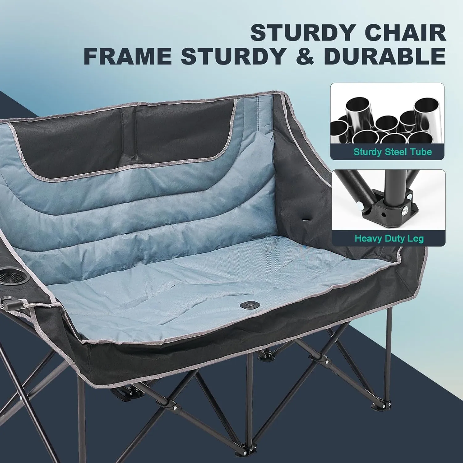 DoCred Double Camping Chair - Oversized Loveseat, 2 Person Camping Chair for Adults Heavy Duty,Two Person Folding Chair with Cup Holder, Supports up to 600 LBS for Outside Picnic Beach Travel