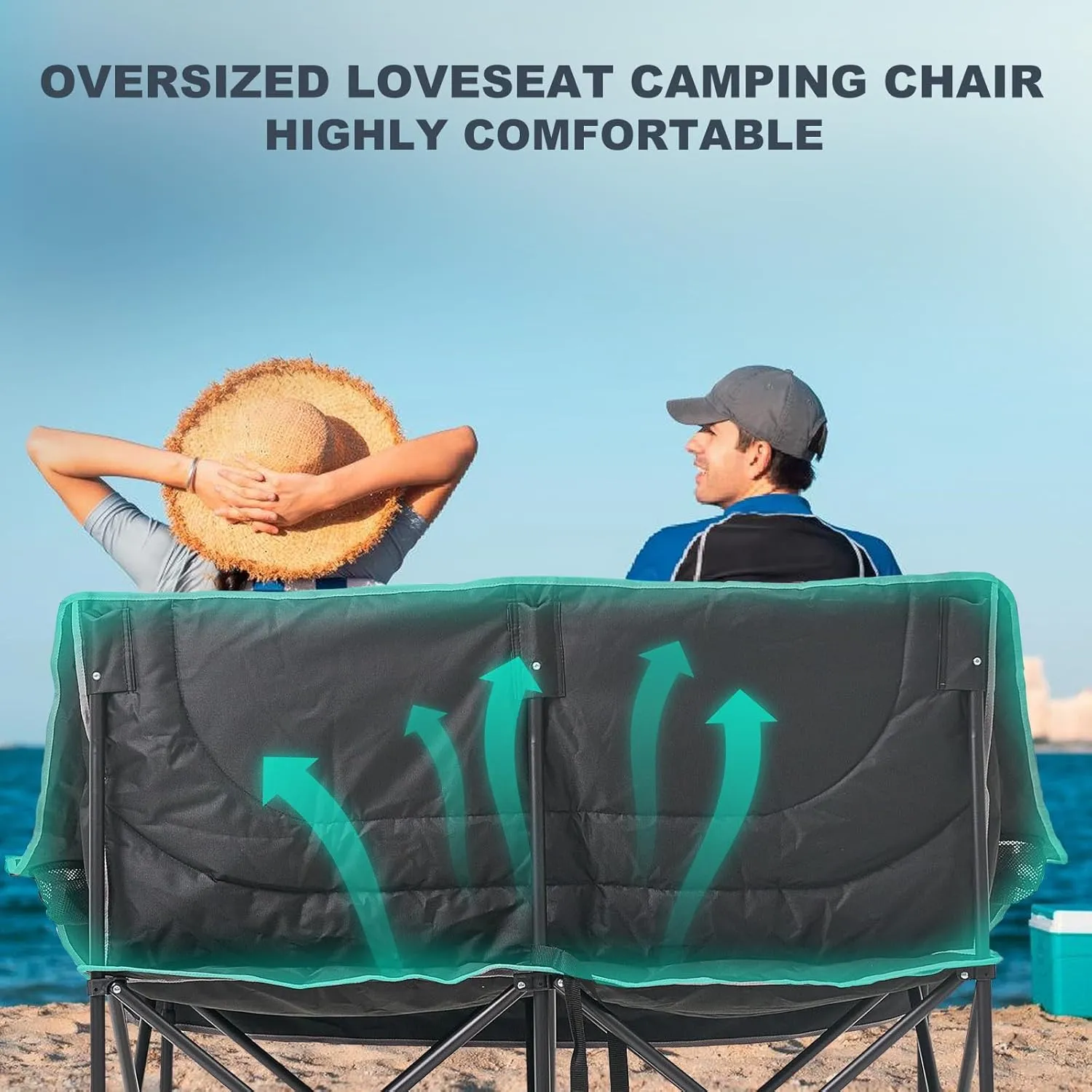 DoCred Double Camping Chair - Oversized Loveseat, 2 Person Camping Chair for Adults Heavy Duty,Two Person Folding Chair with Cup Holder, Supports up to 600 LBS for Outside Picnic Beach Travel