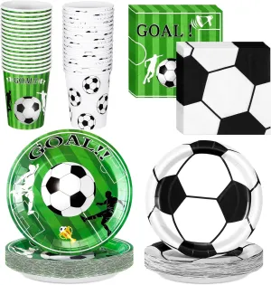Domensi 200 Pcs Soccer Birthday Party Supplies for 50 Guests Includes 7 Inch 9 Inch Soccer Paper Plate 9 oz Disposable Cups and Napkins for Soccer Party Tableware Set
