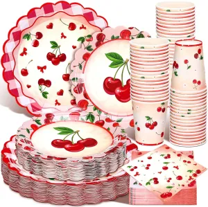 Domensi 250 Pcs Cherry Birthday Party Decoration Supplies Cherry Party Paper Plates Napkins Cups Tableware Set for 50 Guests Scalloped Disposable Paper Plates Napkins for Baby Shower Birthday Supplies