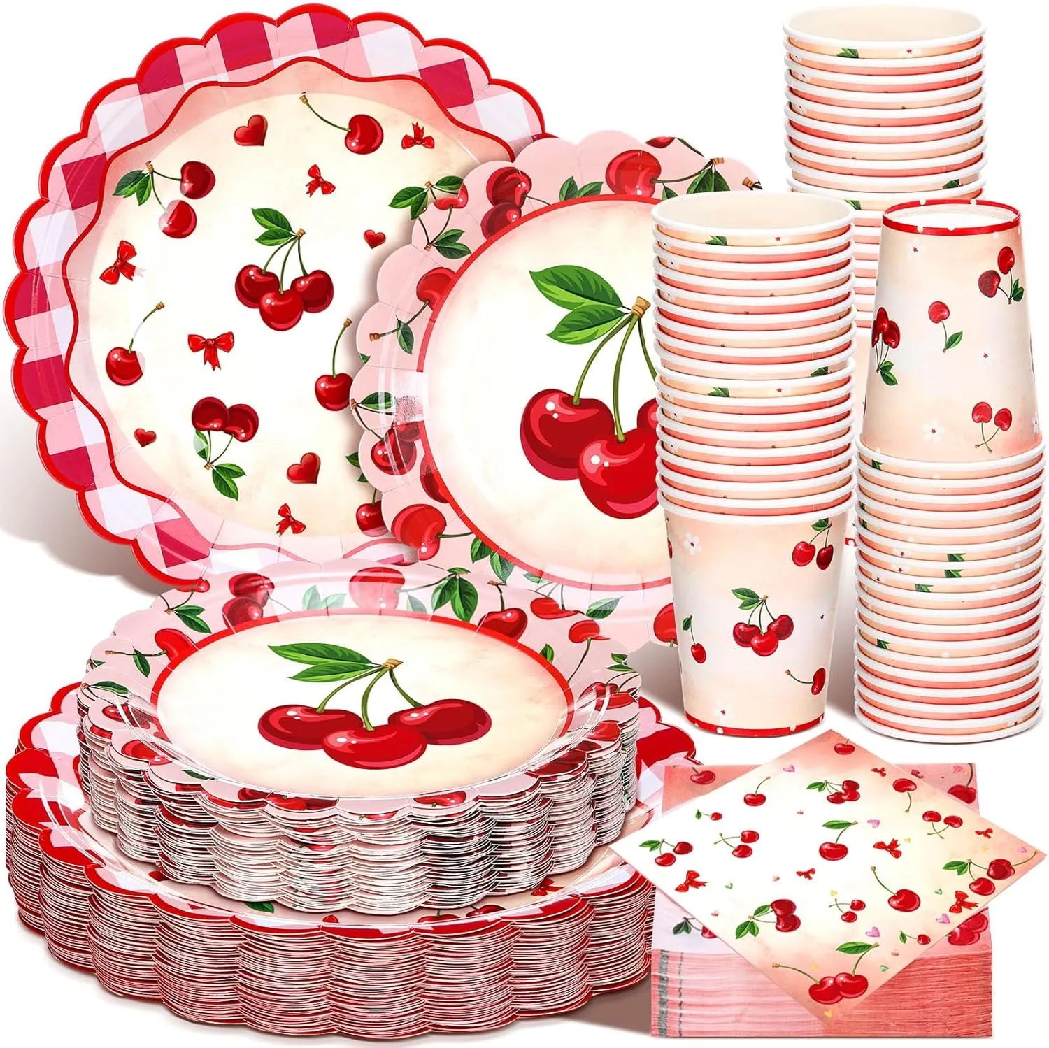 Domensi 250 Pcs Cherry Birthday Party Decoration Supplies Cherry Party Paper Plates Napkins Cups Tableware Set for 50 Guests Scalloped Disposable Paper Plates Napkins for Baby Shower Birthday Supplies