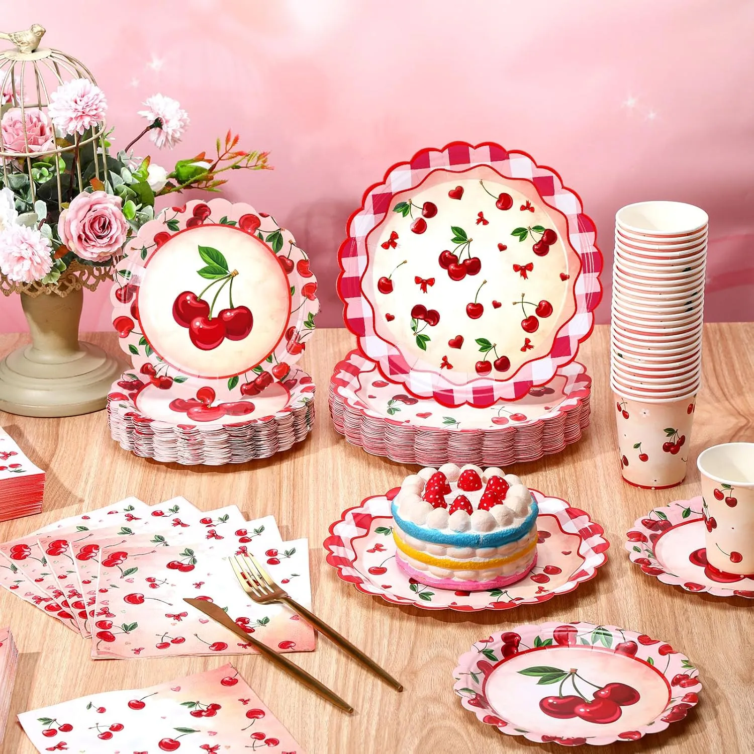 Domensi 250 Pcs Cherry Birthday Party Decoration Supplies Cherry Party Paper Plates Napkins Cups Tableware Set for 50 Guests Scalloped Disposable Paper Plates Napkins for Baby Shower Birthday Supplies