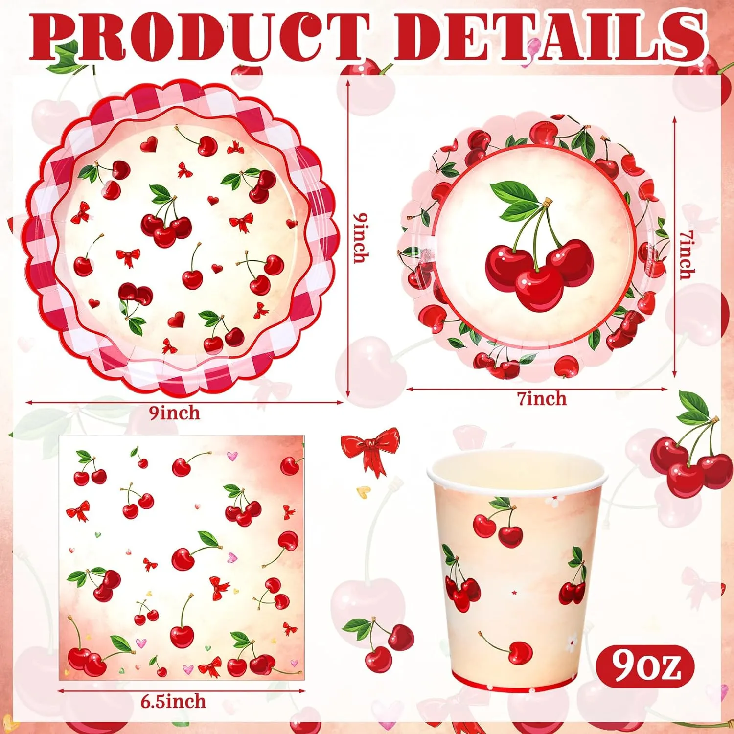Domensi 250 Pcs Cherry Birthday Party Decoration Supplies Cherry Party Paper Plates Napkins Cups Tableware Set for 50 Guests Scalloped Disposable Paper Plates Napkins for Baby Shower Birthday Supplies