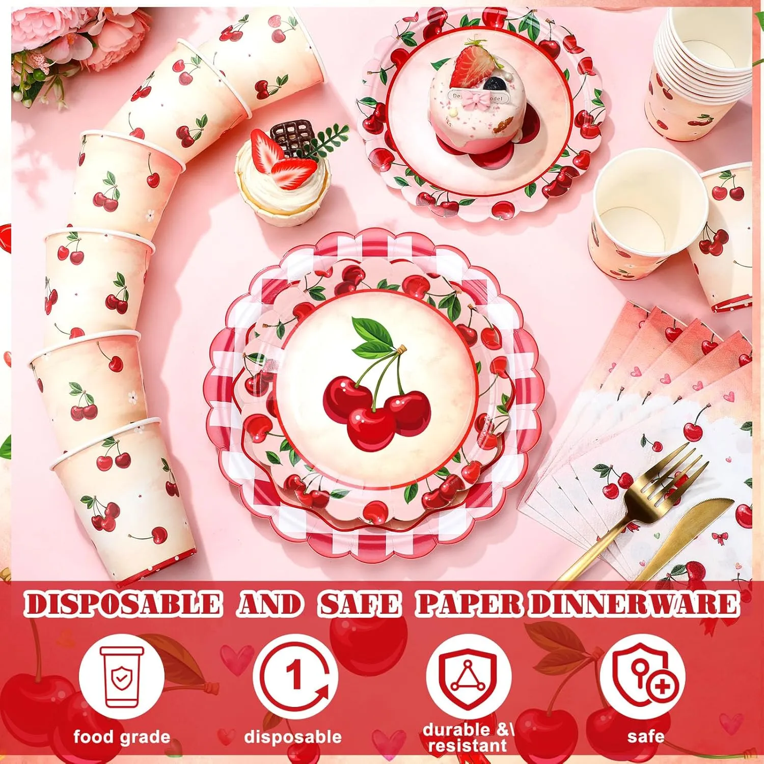 Domensi 250 Pcs Cherry Birthday Party Decoration Supplies Cherry Party Paper Plates Napkins Cups Tableware Set for 50 Guests Scalloped Disposable Paper Plates Napkins for Baby Shower Birthday Supplies