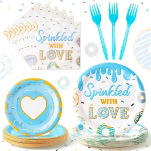 Donut Baby Sprinkle Decorations For Boy - 96Pcs Blue Donut Baby Shower Disposable Plates Napkins Forks Tableware Set Sprinkled with Love Birthday Decorations Party Supplies for 24 Guests