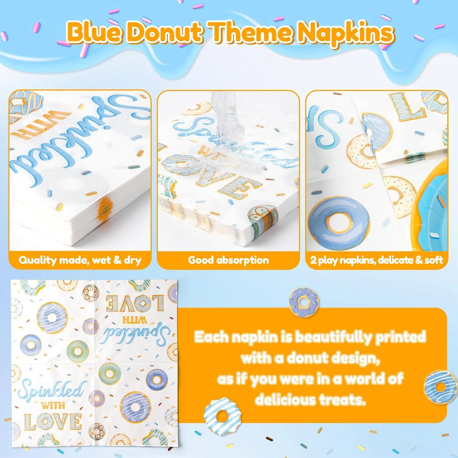 Donut Baby Sprinkle Decorations For Boy - 96Pcs Blue Donut Baby Shower Disposable Plates Napkins Forks Tableware Set Sprinkled with Love Birthday Decorations Party Supplies for 24 Guests