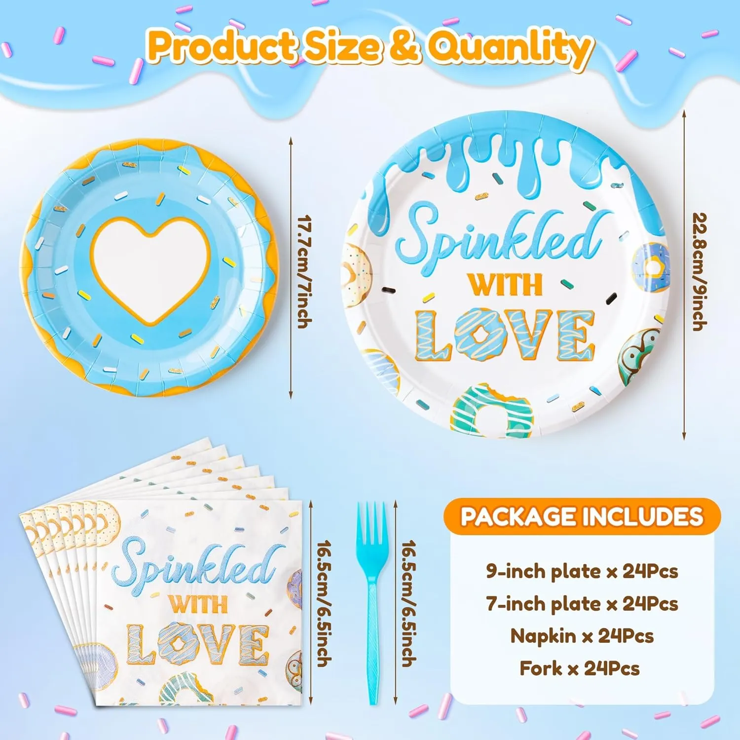 Donut Baby Sprinkle Decorations For Boy - 96Pcs Blue Donut Baby Shower Disposable Plates Napkins Forks Tableware Set Sprinkled with Love Birthday Decorations Party Supplies for 24 Guests