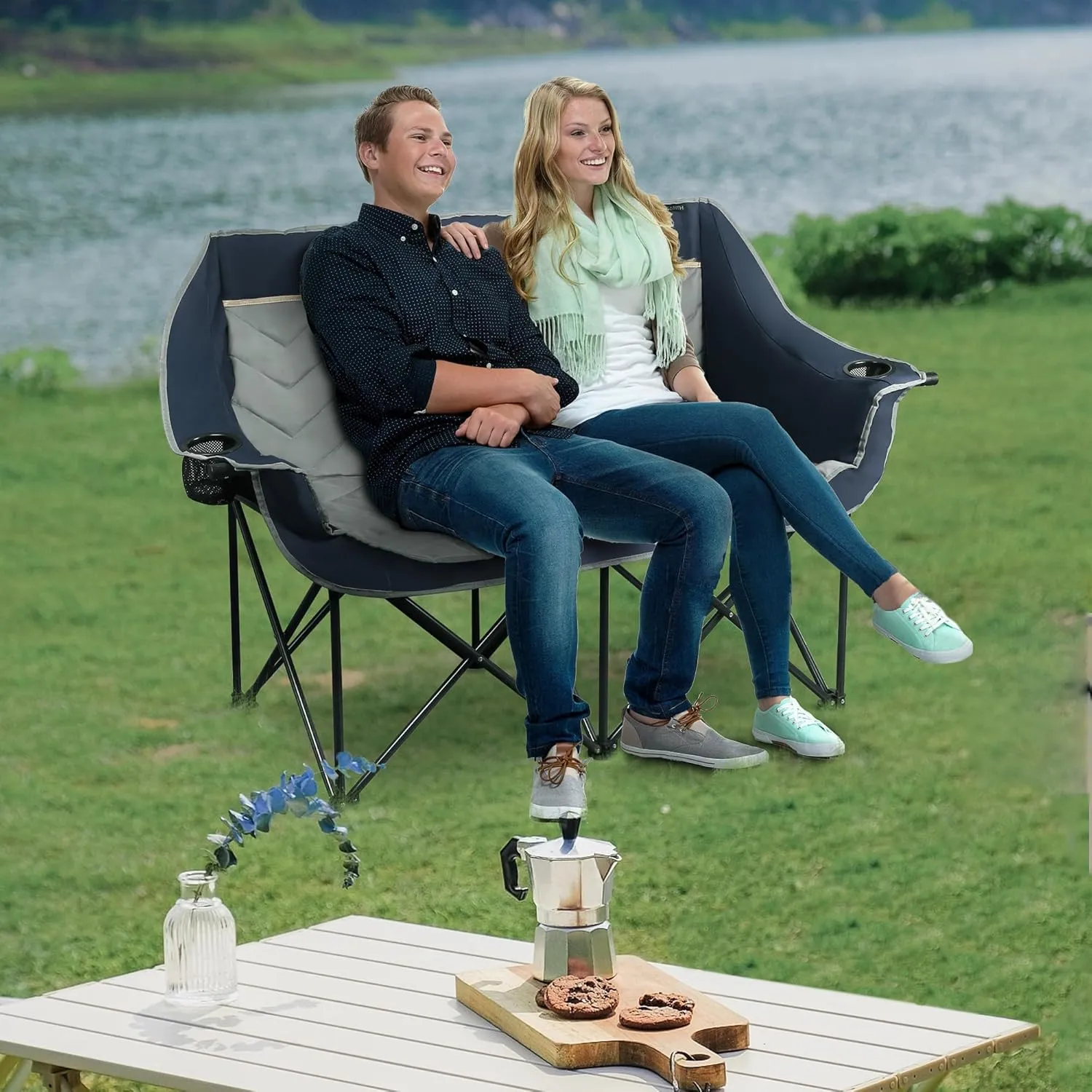 Double Camping Chair Oversized Padded Camping Sofa for 2 Person, Foldable Loveseat with Dual Cup Holders & Wine Glass Holders, Double Folding Chair Camping Couch for,Beach, RV, Patio, Blue