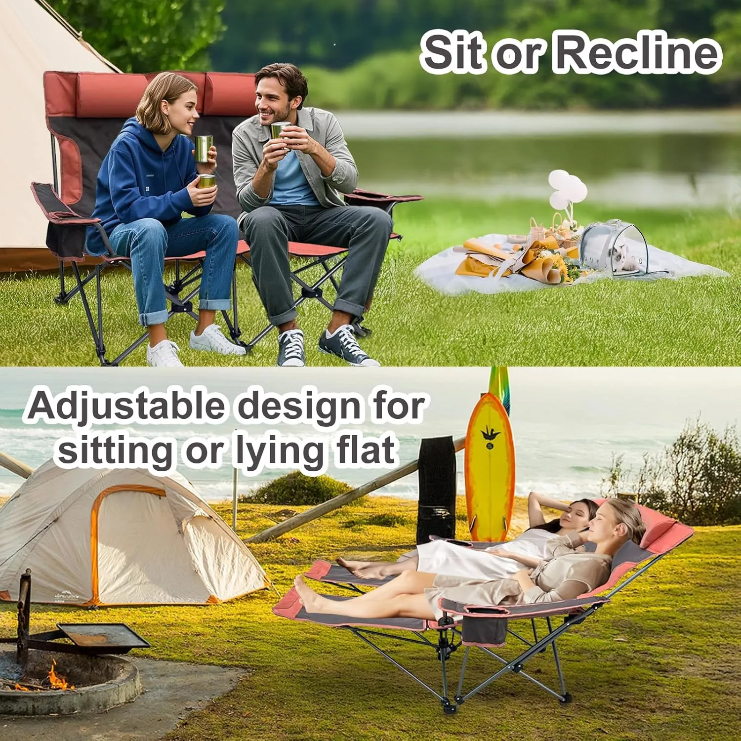 Double Camping Chair with Headrest and Footrest, 2 Person Folding Camping Loveseat Recliner, Portable Outdoor Loveseat Camping Chair with Cup Holder Armrest