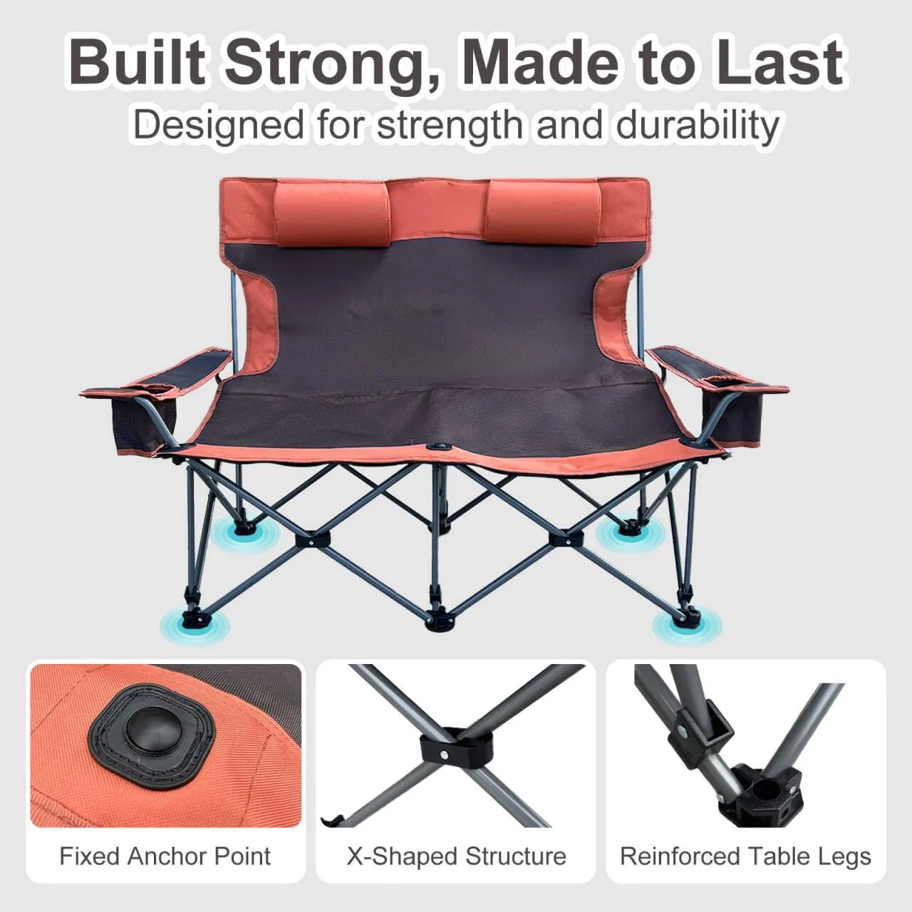 Double Camping Chair with Headrest and Footrest, 2 Person Folding Camping Loveseat Recliner, Portable Outdoor Loveseat Camping Chair with Cup Holder Armrest