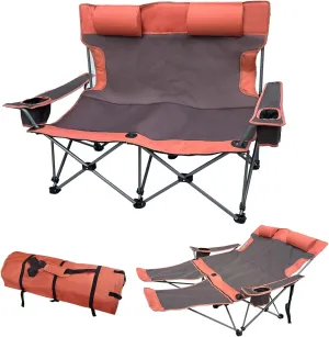 Double Camping Chair with Headrest and Footrest, 2 Person Folding Camping Loveseat Recliner, Portable Outdoor Loveseat Camping Chair with Cup Holder Armrest