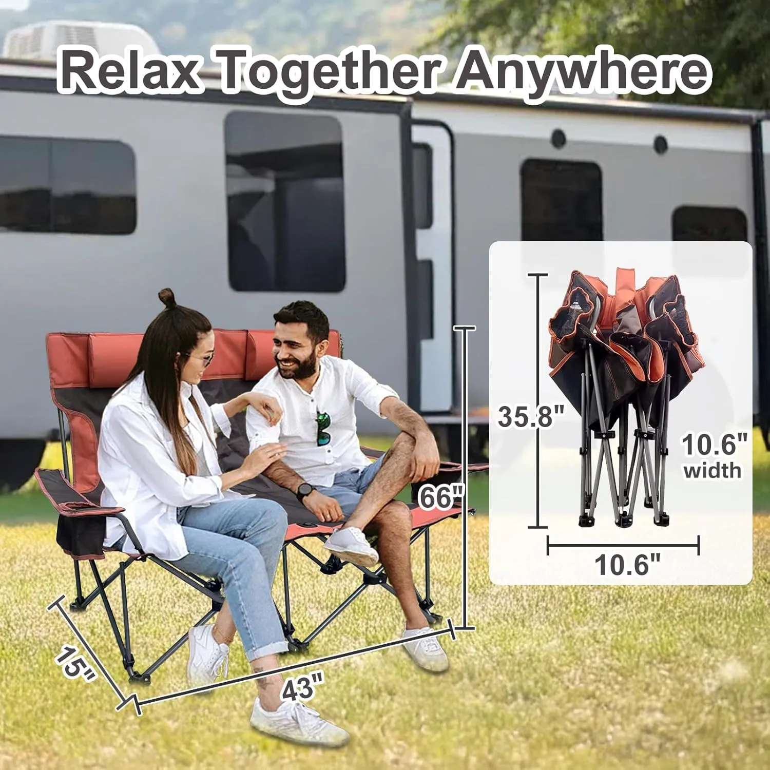 Double Camping Chair with Headrest and Footrest, 2 Person Folding Camping Loveseat Recliner, Portable Outdoor Loveseat Camping Chair with Cup Holder Armrest