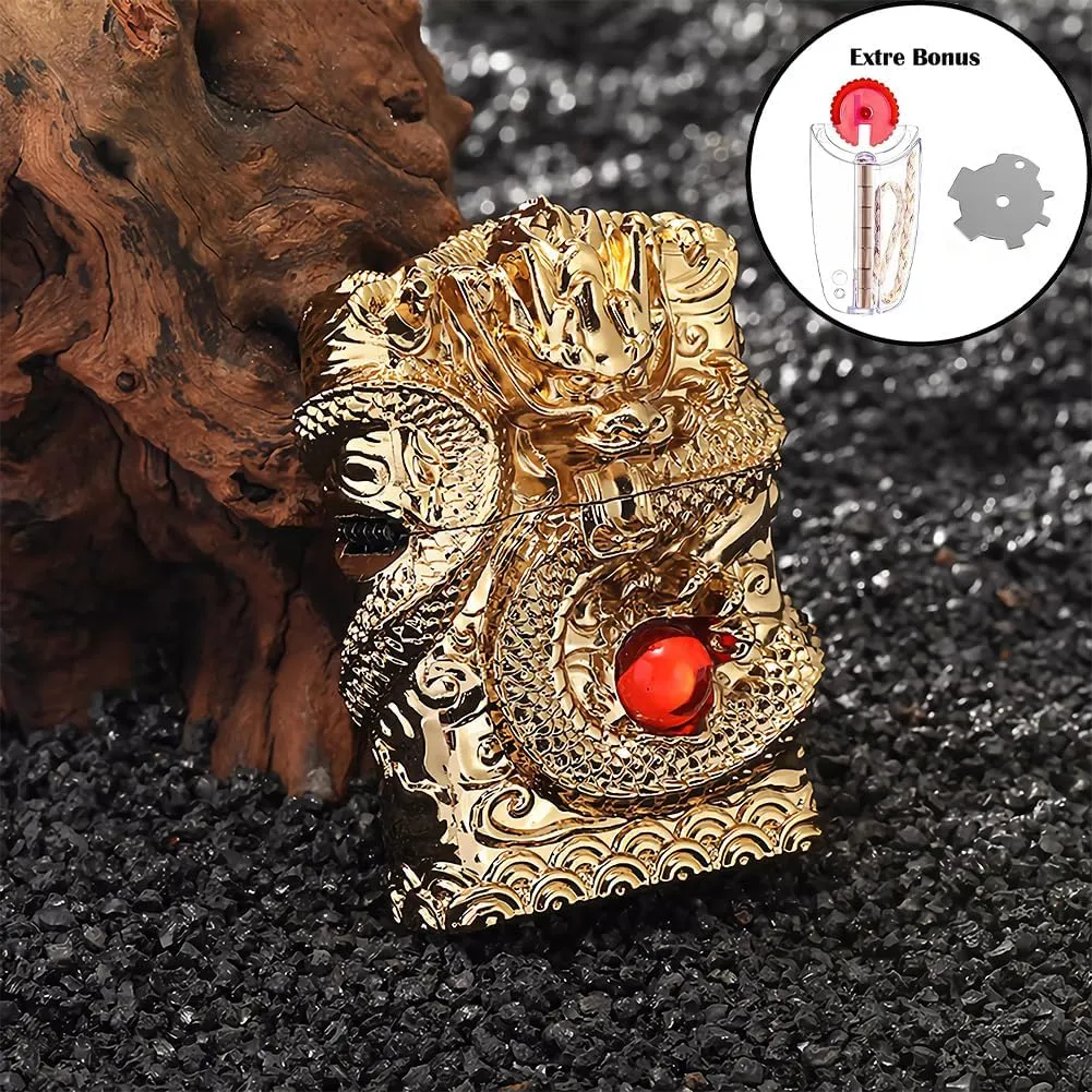 Dragon Lighter Premium Kerosene Soft Flame Lighter with Adjustable Flame, Refillable, Windproof and Pocket Size for Outdoor Camping, Travel, and Household Use (Gold)