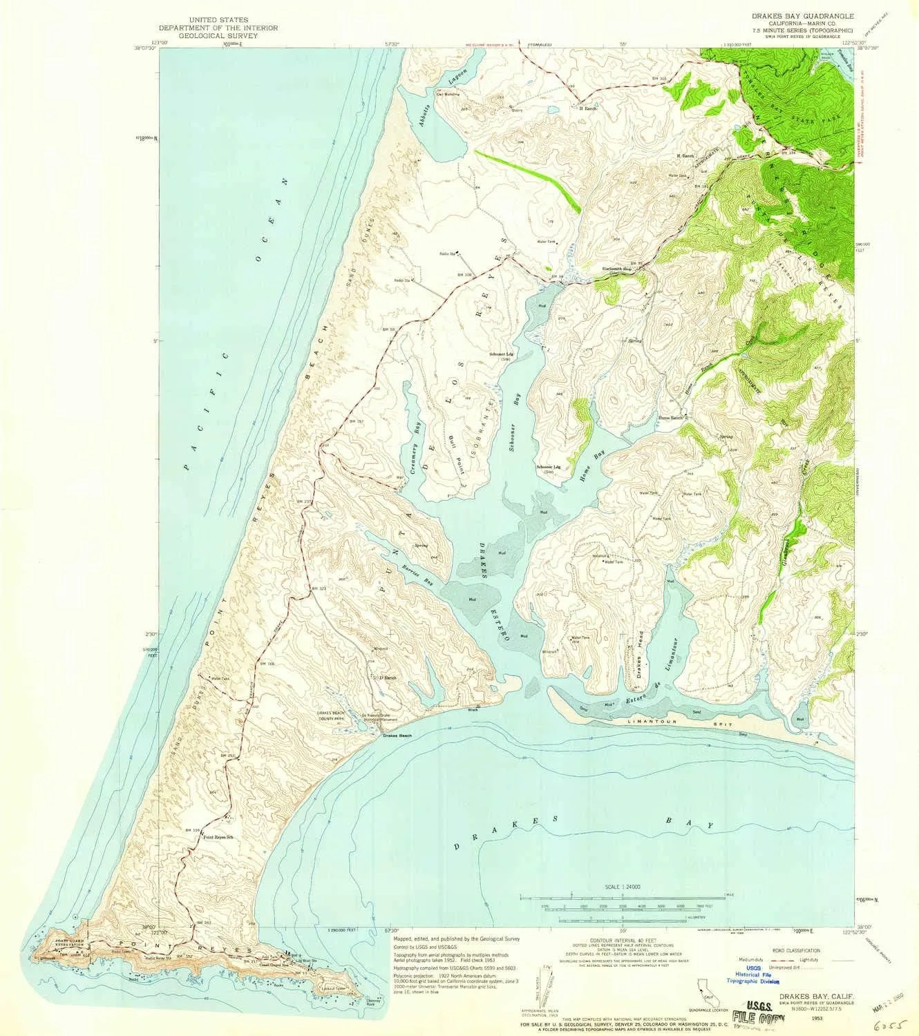 Drakes Bay CA topo map, 1:24000 Scale, 7.5 X 7.5 Minute, Historical, 1953, Updated 1960, 26.8 x 23.8 in