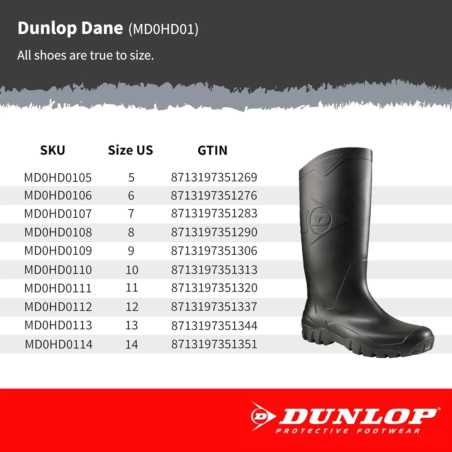 DUNLOP Protective Footwear, Dane, 100% Waterproof PVC, Lightweight and Durable Protective Footwear, MD0HD01.09, Size 9, Black