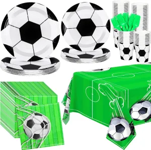 Durony 121-Piece Soccer Party Tableware Set: Plates, Napkins, Cups, Forks, Tablecloth in Green for Sports Event