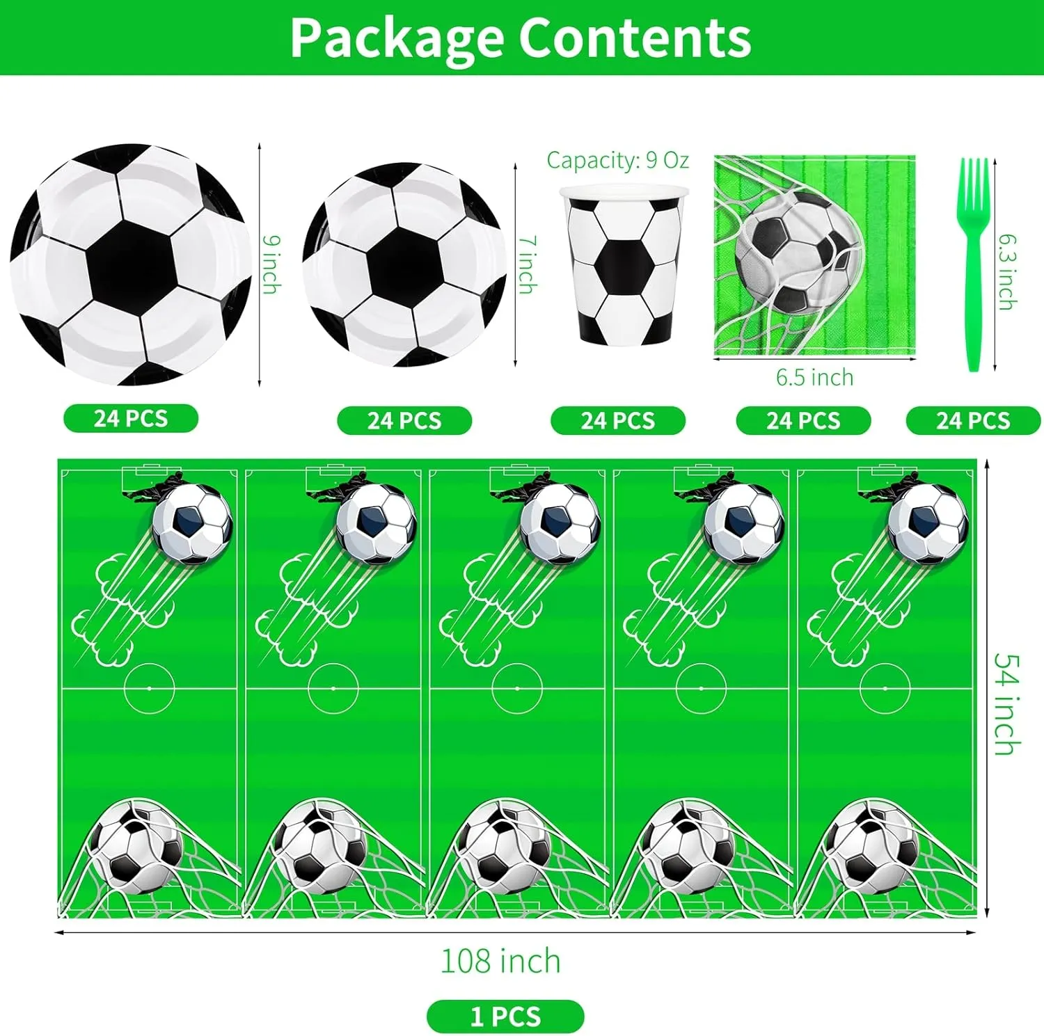 Durony 121-Piece Soccer Party Tableware Set: Plates, Napkins, Cups, Forks, Tablecloth in Green for Sports Event