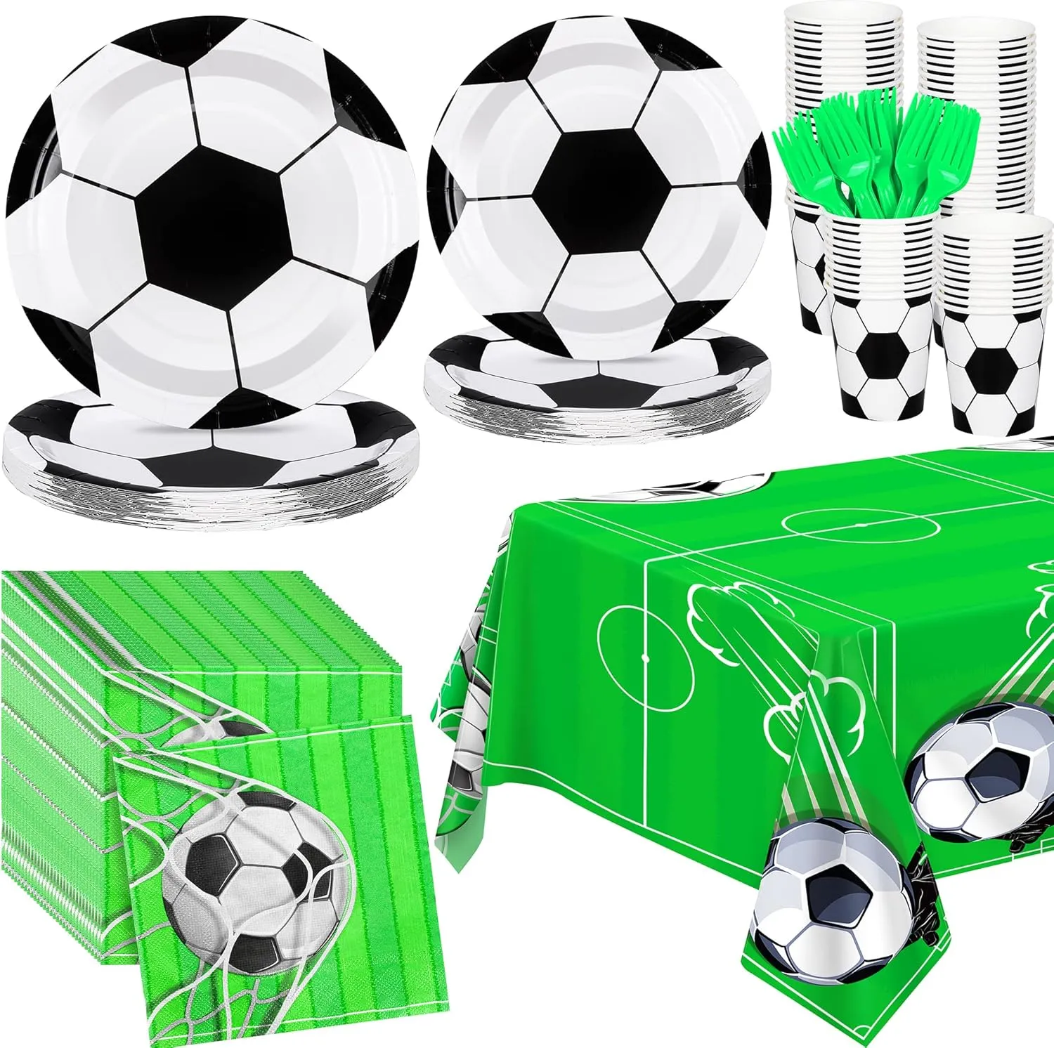 Durony 121-Piece Soccer Party Tableware Set: Plates, Napkins, Cups, Forks, Tablecloth in Green for Sports Event