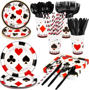 durony 147 Pieces Casino Theme Party Supplies Tableware Set, Includes Plates, Napkins, Cups, Staws, and Cutlery for Las Vegas Game Night Poker Theme Party Decorations Serves 16 Guests