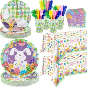 durony 194 Pieces Disposable Easter Colorful Tableware Set Bunny Party Supplies Include Easter Plates Cups Napkins Cutlery Colorful Eggs Tablecloth for Easter Party Supplies Table Decoration Serves 24