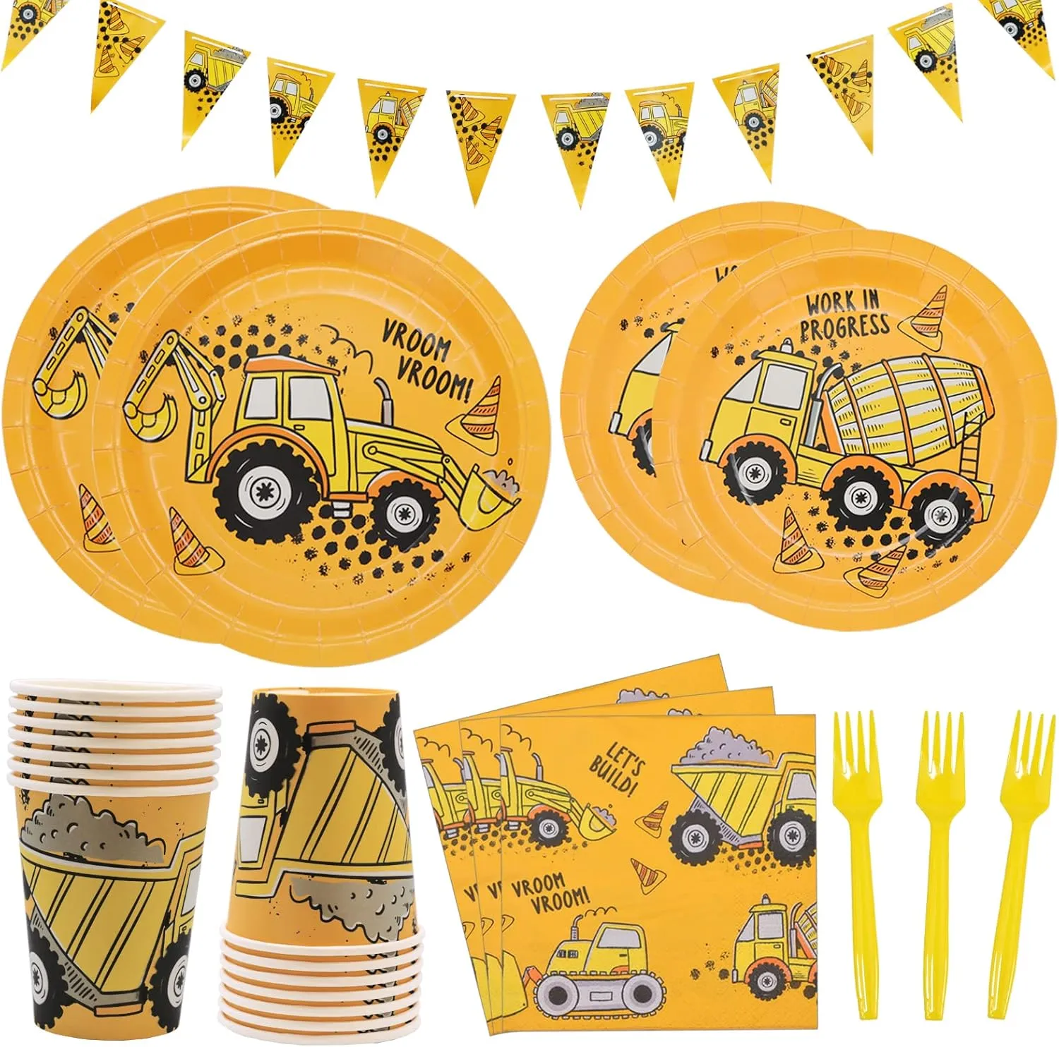 DYLIVeS 132 Pcs Construction Birthday Party Supplies, Construction Disposable Tableware Set Dump Truck Party Table Decorations for Boy, 9'' and 7'' Plates, Napkins, Cups, Forks, Banner, Serves 24