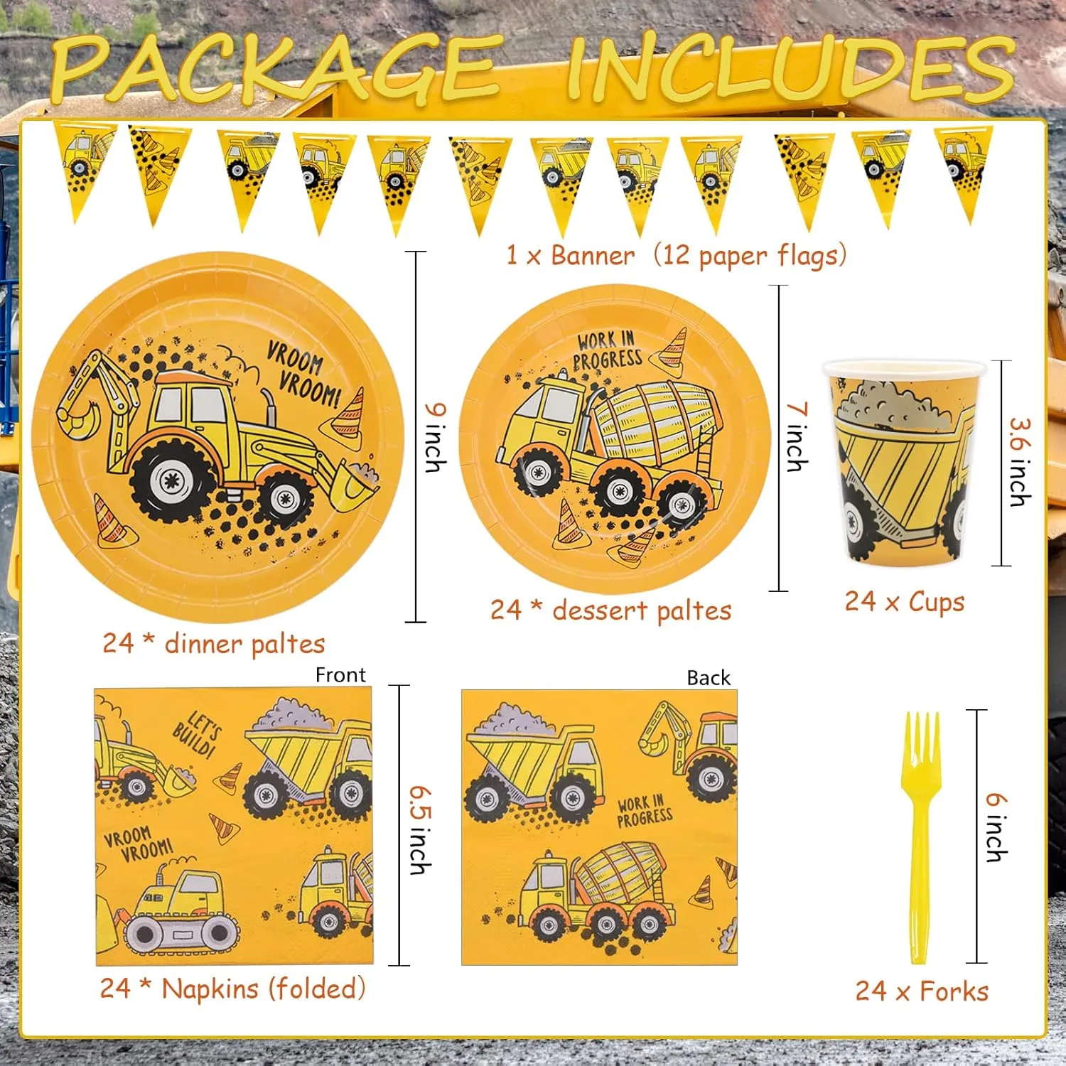 DYLIVeS 132 Pcs Construction Birthday Party Supplies, Construction Disposable Tableware Set Dump Truck Party Table Decorations for Boy, 9'' and 7'' Plates, Napkins, Cups, Forks, Banner, Serves 24