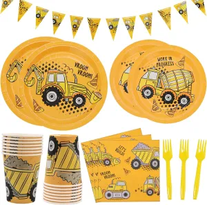 DYLIVeS 132 Pcs Construction Birthday Party Supplies, Construction Disposable Tableware Set Dump Truck Party Table Decorations for Boy, 9'' and 7'' Plates, Napkins, Cups, Forks, Banner, Serves 24