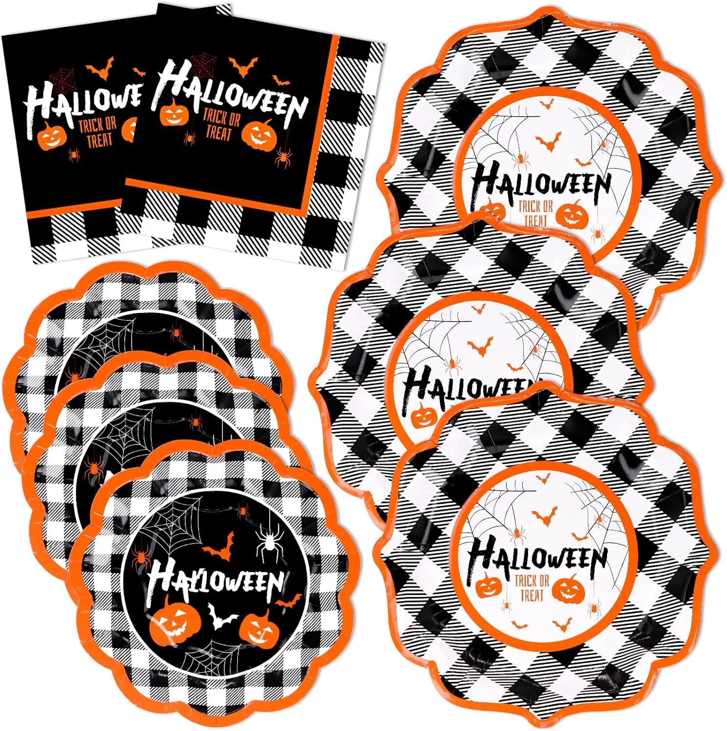 DYLIVeS Halloween Party Plates and Napkins Set,150 Pcs Buffalo Plaid Pumpkin Bats Tableware Happy Supplies Disposable Dinnerware Holiday Decorations,Serve 50 (JZ148-HPLAID)
