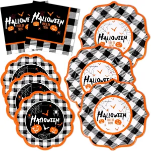 DYLIVeS Halloween Party Plates and Napkins Set,150 Pcs Buffalo Plaid Pumpkin Bats Tableware Happy Supplies Disposable Dinnerware Holiday Decorations,Serve 50 (JZ148-HPLAID)