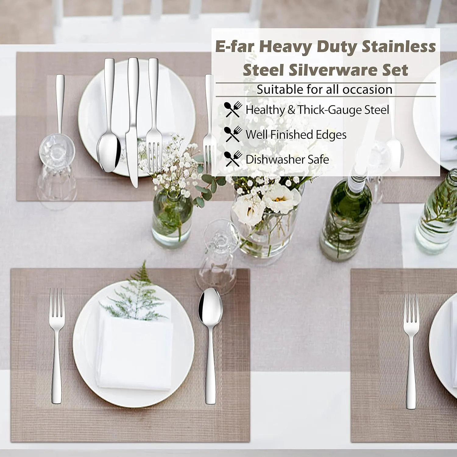 E-far 40-Piece Heavy Duty Silverware Set for 8, Stainless Steel Flatware Cutlery Set, Thick Metal Tableware Eating Utensils Include Forks Spoons Knives, Square Edge & Mirror Polished, Dishwasher Safe