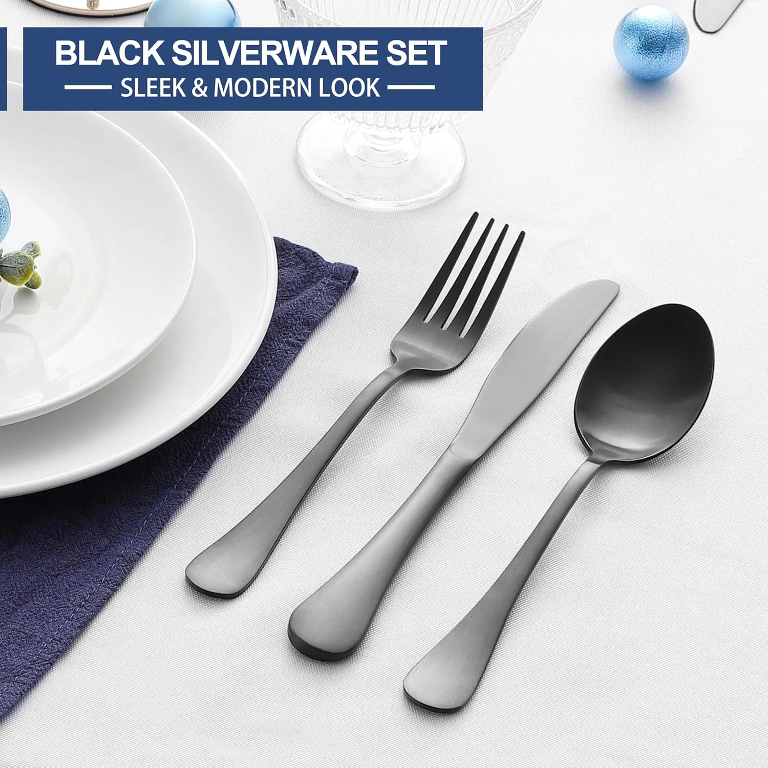 E-far 48-Piece Black Silverware Set with Steak Knives, Black Flatware Cutlery Set for 8, Stainless Steel Tableware Eating Utensils for Kitchen, Matte Black & Rust Proof